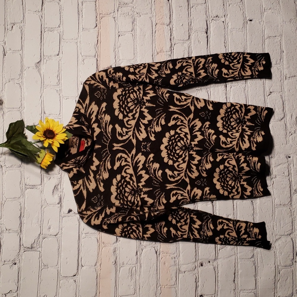 RED brand sweater mock turtle lotus flower black tan rayon SzS